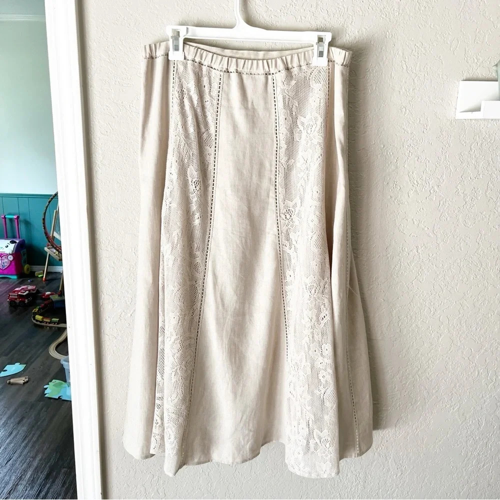 Vintage Skirt Petite Large PL 90s 2000s Linen Lace Maxi Coastal Ethereal Modest - Picture 2 of 8